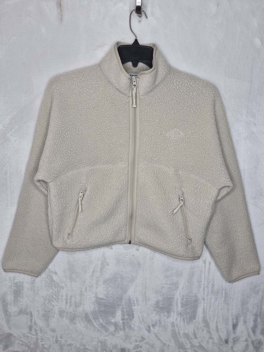 TNA Aritzia Cream Sherpa Teddy Fleece Full Zip Jacket Embroidered Womens Small